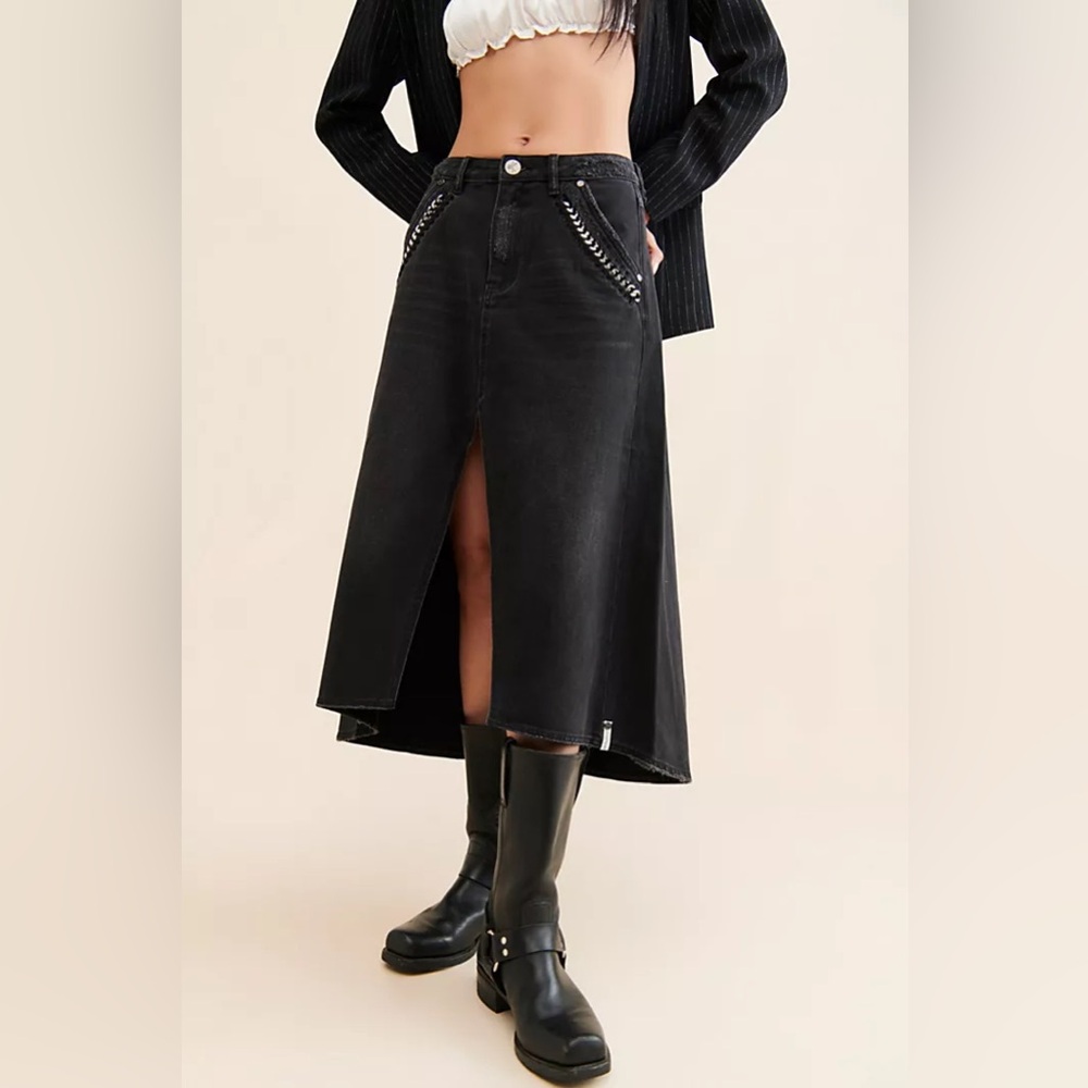 One Teaspoon x Free People x Anthropologie Chain Biker Midi Jean Skirt sz 31